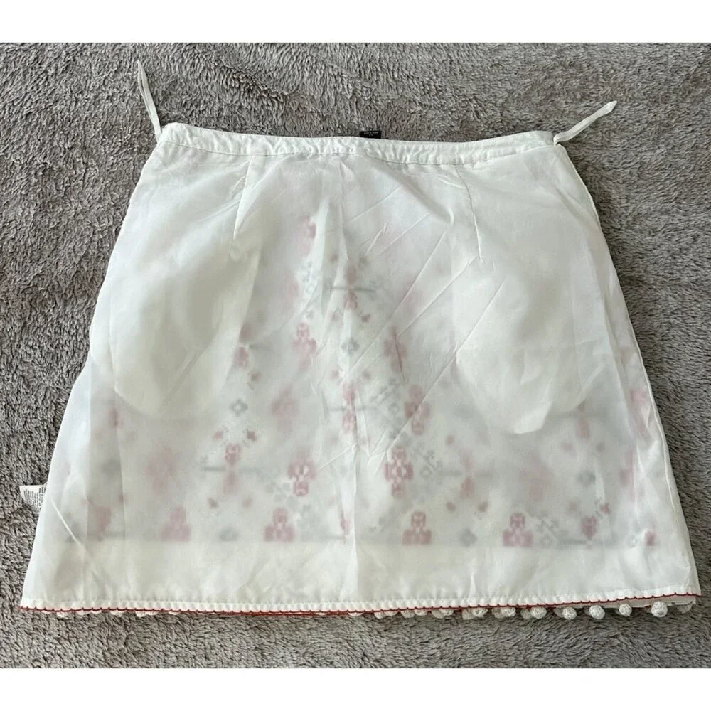 Maeve Cotton Embroidered Skirt Pompom Hem Lined Anthropologie Size 12 Cream Red